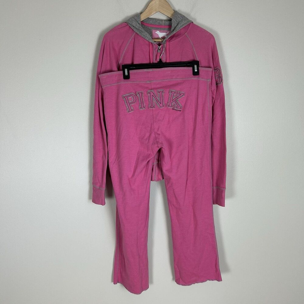 Victoria's Secret PINK 80 Hoodie Sweatpants Set Y2K Large Flare Leg Pink Butt